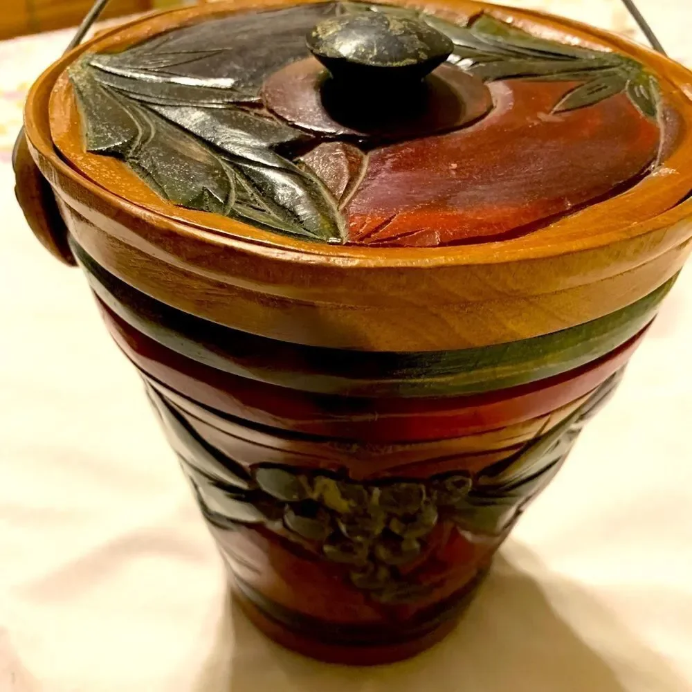 Hand carved & hand painted wooden vintage ice bucket